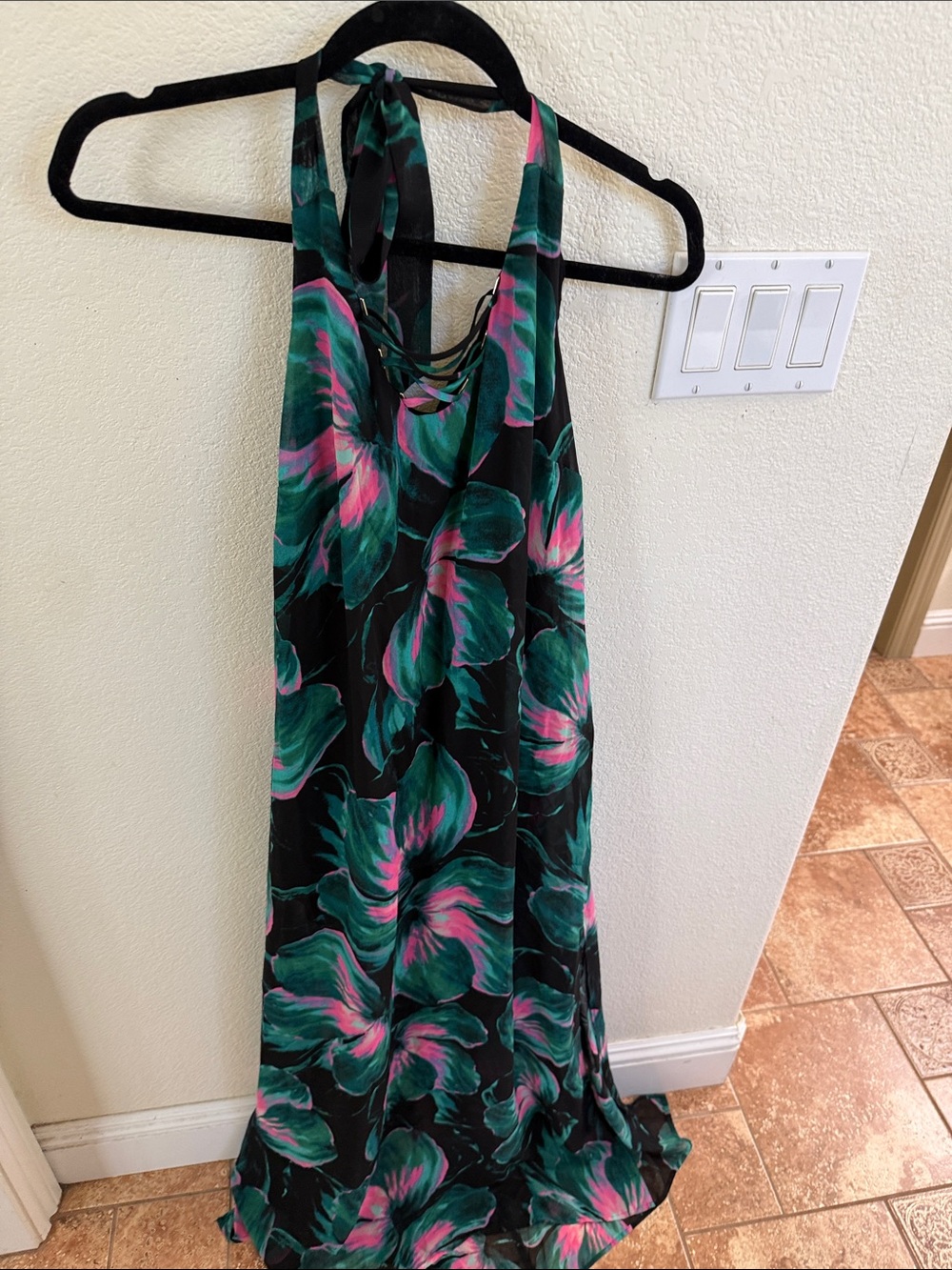 Jennifer Lopez Black Maxi Dress with Teal and Pink Floral Print
